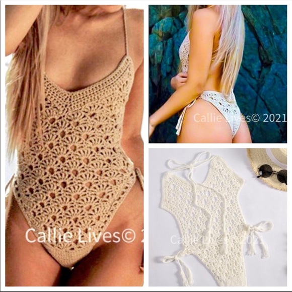 NWT Crochet Retro Sexy BoHo Chic One Piece Thong Back Bathing Swim Suit - Picture 4 of 13